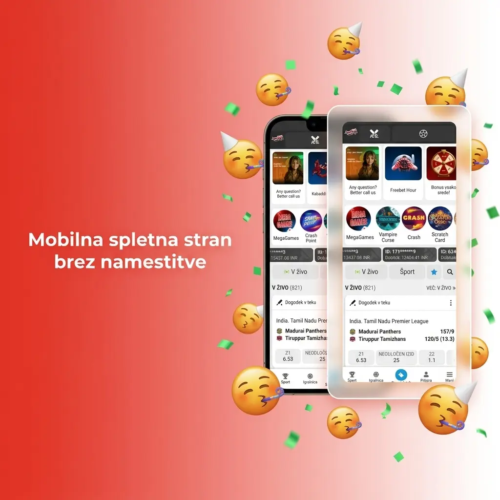 Mobilna spletna stran za casino in športne stave v brskalniku brez namestitve aplikacije.
